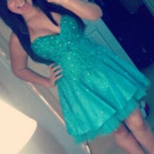 Blue Cutout Crystals Beaded Prom Dress