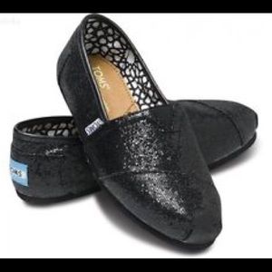 Brand New Authentic TOMS Black Glitter Flat Sz 9.5