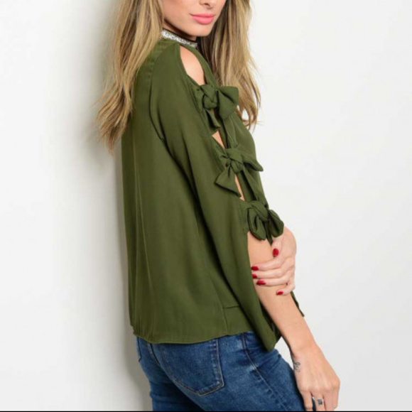 "GREEN WITH ENVY" BOW DETAILS BLOUSE - Picture 2 of 3