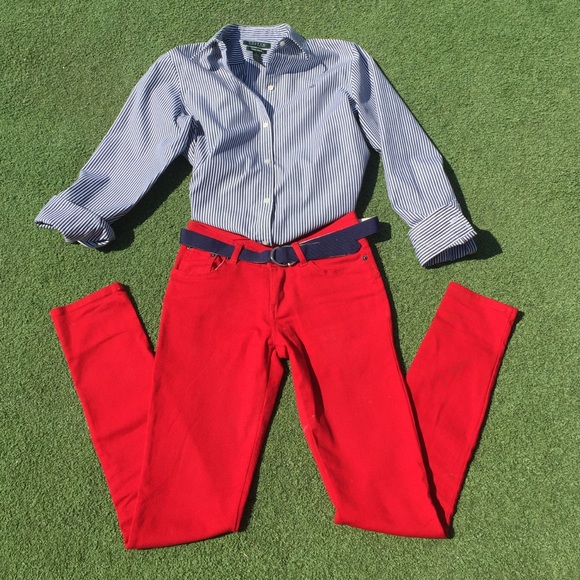 Dinamit  Denim - Red skinny jeans with additional blue belt