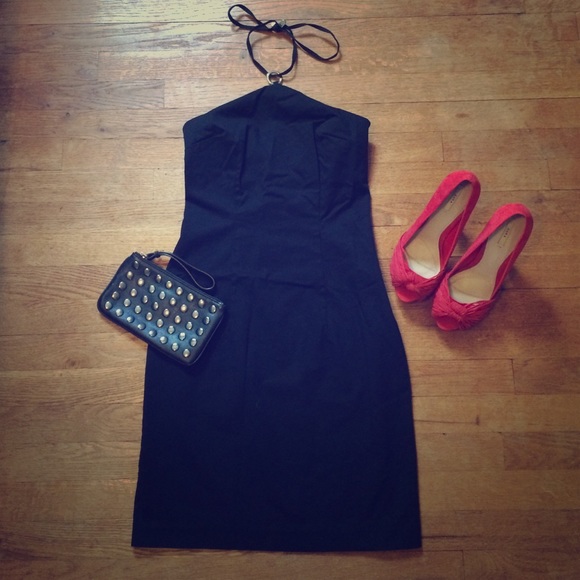 Sexy black stretch cotton halter tie neck dress