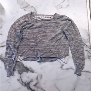 LA hearts grey sweater with white lace accents