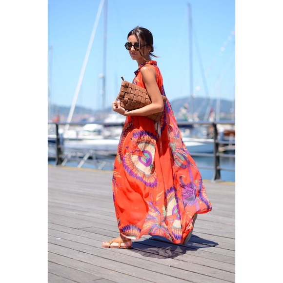 Floral chiffon vacation dress. Orange - Picture 1 of 4