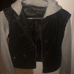 Leather jacket with gray cotton sleeves