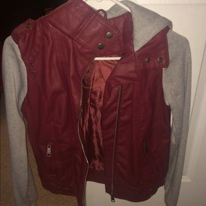 Maroon leather jacket with gray cotton sleeves