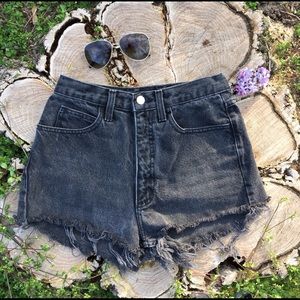 Distressed black acid wash high waisted shorts