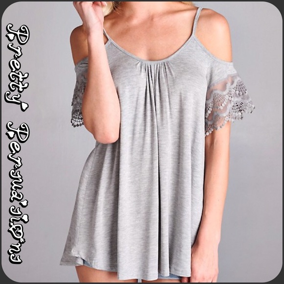 SALE‼️ Gray Cold Shoulder Lace Crochet Sleeve Top - Picture 4 of 4