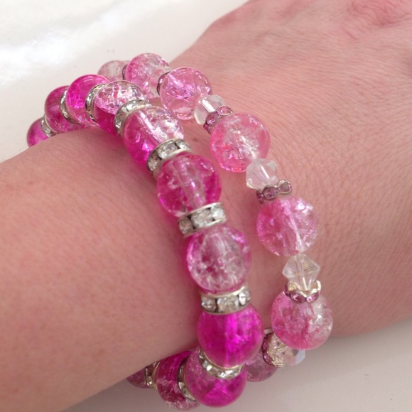 Set of two pink crackled glass Swarovski bracelet