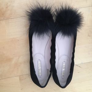Prada Black Suede Fur Pom Pom Ballet Flats