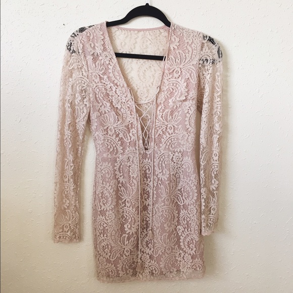 TJD nude mini resort lace up dress