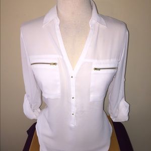 Classy White Blouse with Gold Zipper Pockets