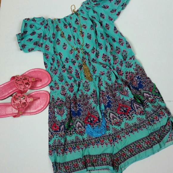 LAST ONE!Turquoise Printed Off-the-Shoulder Romper - Picture 2 of 2