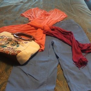 Pants, top, purse and scarf.