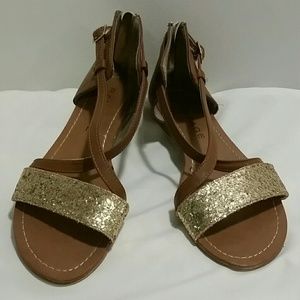 Gold brown leather gladiator style sandals