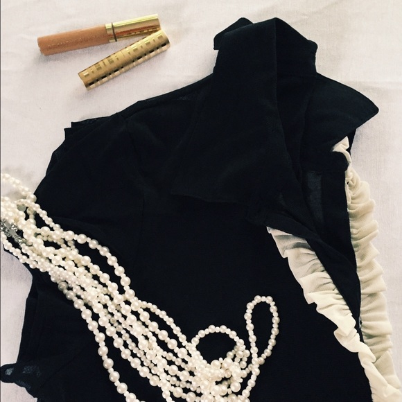 SALE | Black sheer blouse with ivory ruffle