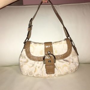 White and Khaki Coach purse with flap
