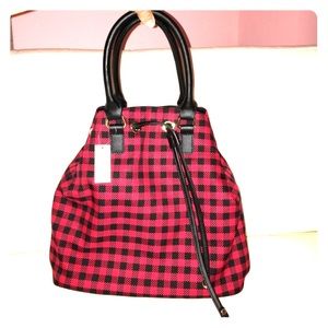 Talbots red and black checkered drawstring tote