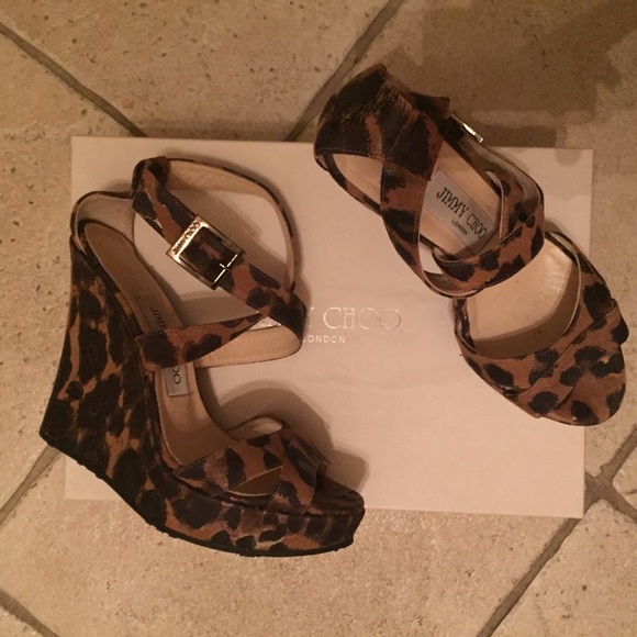 WORN ONCE🎉JIMMY CHOO black&gold leopard wedges