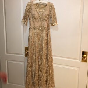 Gold lace sequin evening dress with custom sleeves