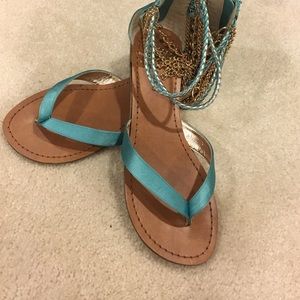 Teal and gold ankle sandals