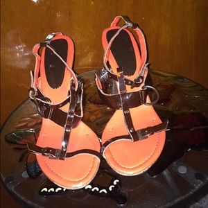 Strappy black and orange 3 inch heels