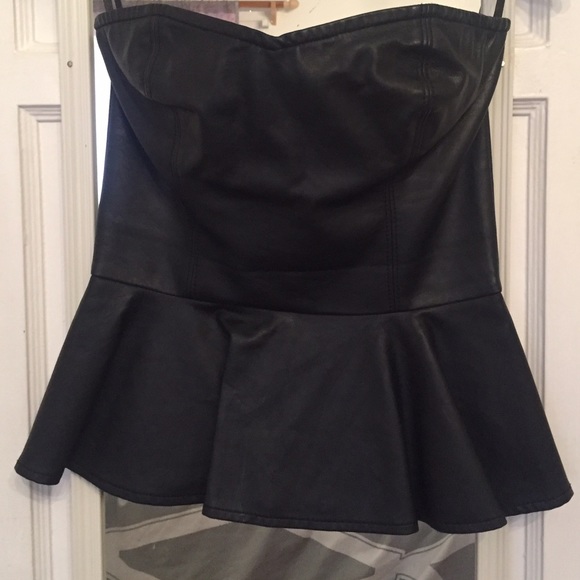 Black strapless top faux leather w peplum detail