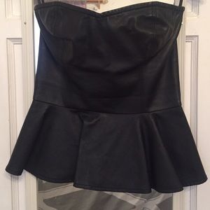 Black strapless top faux leather w peplum detail