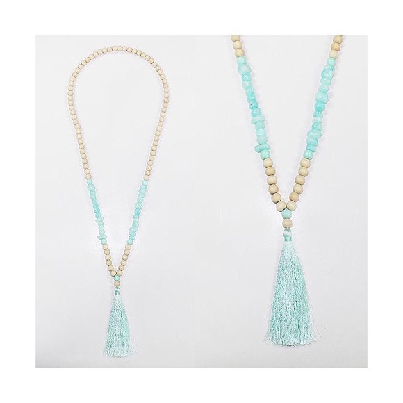 Boutique Jewelry - Boho Wooden Stone Bead Mint Tassel Necklace