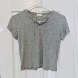 GRAY RIBBED LACE UP SHIRT