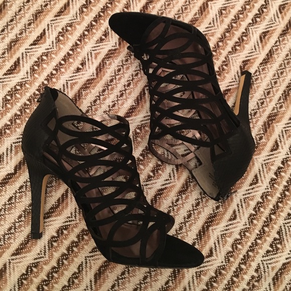BCBG Talia Caged Black Leather Heels - Picture 2 of 3