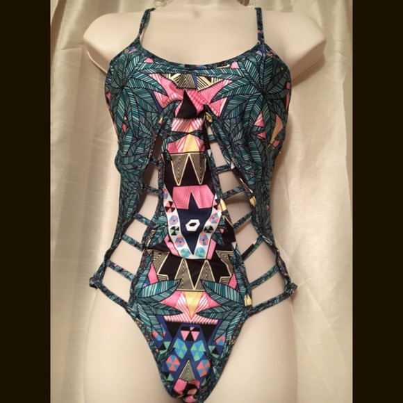 Sexy cutouts tropical swimsuit padded monokini S M - Picture 2 of 4