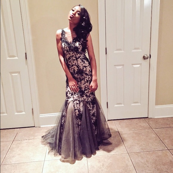 black and nude prom dress Ladivine CC2309 Open-Back Black Prom Dress PromGirl
