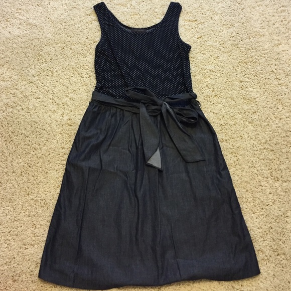 Navy polka dot and denim dress