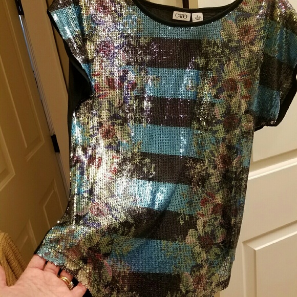 Sequin top, black & blue stripe w/floral inlay