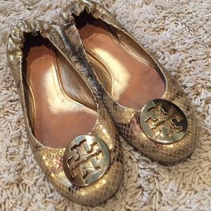 Gold snake skin Tory Burch Reva flats