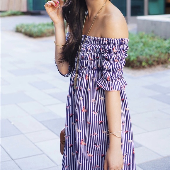 Chicwish Dresses - Flamingo and striped print off the shoulder dress Chicwish Dresses - Flamingo and striped print off the shoulder dress