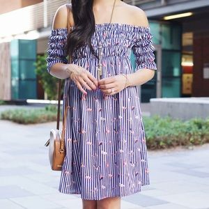 Chicwish Dresses - Flamingo and striped print off the shoulder dress Chicwish Dresses - Flamingo and striped print off the shoulder dress