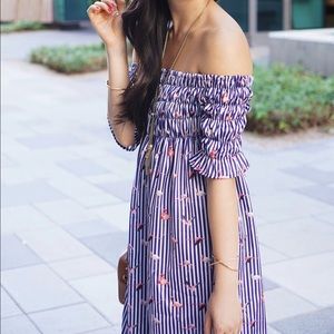 Chicwish Dresses - Flamingo and striped print off the shoulder dress Chicwish Dresses - Flamingo and striped print off the shoulder dress
