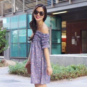 Chicwish Dresses - Flamingo and striped print off the shoulder dress Chicwish Dresses - Flamingo and striped print off the shoulder dress
