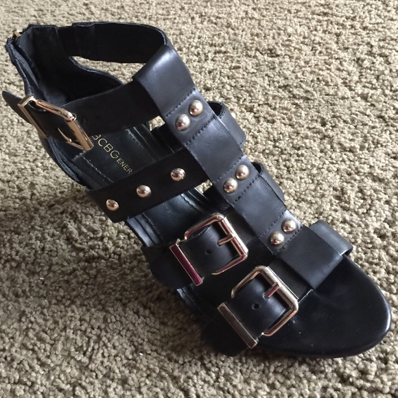 BCBG Black mid heel gold buckles