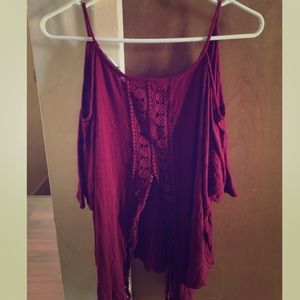 Open shoulder maroon shirt