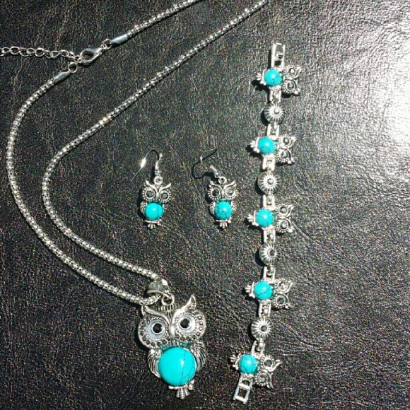 Owl turquoise stone jewelry set