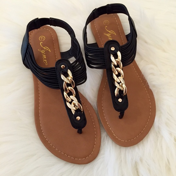Gold Chain Link Black T-Strap Sandals 9 - Picture 2 of 4