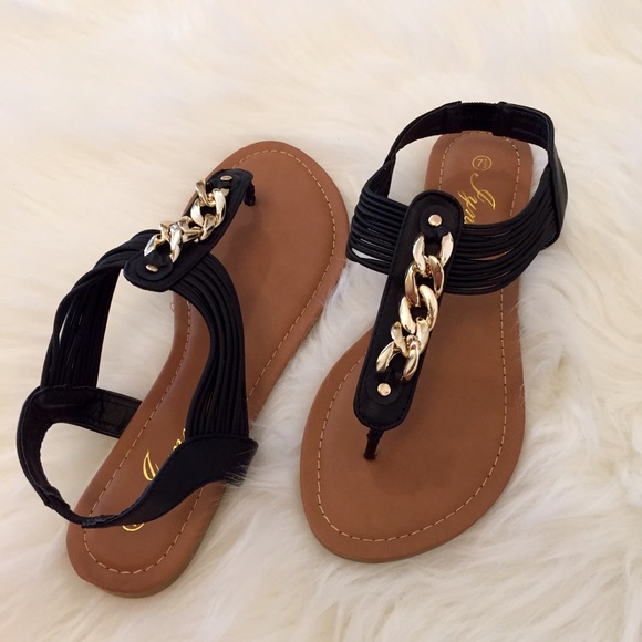 Gold Chain Link Black T-Strap Sandals 9 - Picture 4 of 4