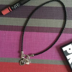 Black braided leather front clasp choker necklace