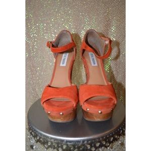 Orange Suede Platform wooden heels with gold studs