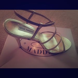 Steve Madden.  Classic, gold, evening shoes.