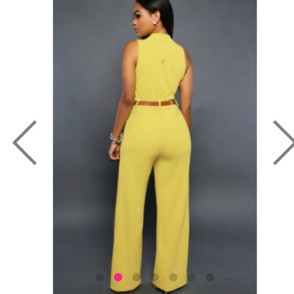 New lemon yellow belted wide leg jumpsuit - Picture 2 of 4