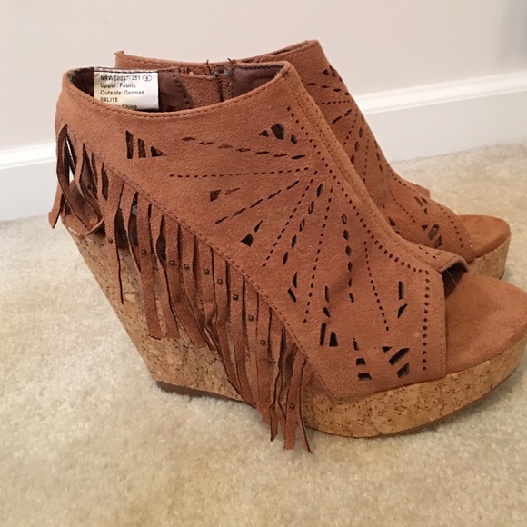 Not Rated Shoes - Not Rated Tan Fringe Wedge Sandals