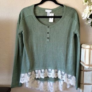 Sage Green Hi-Lo Lace Hem Top-Size Small